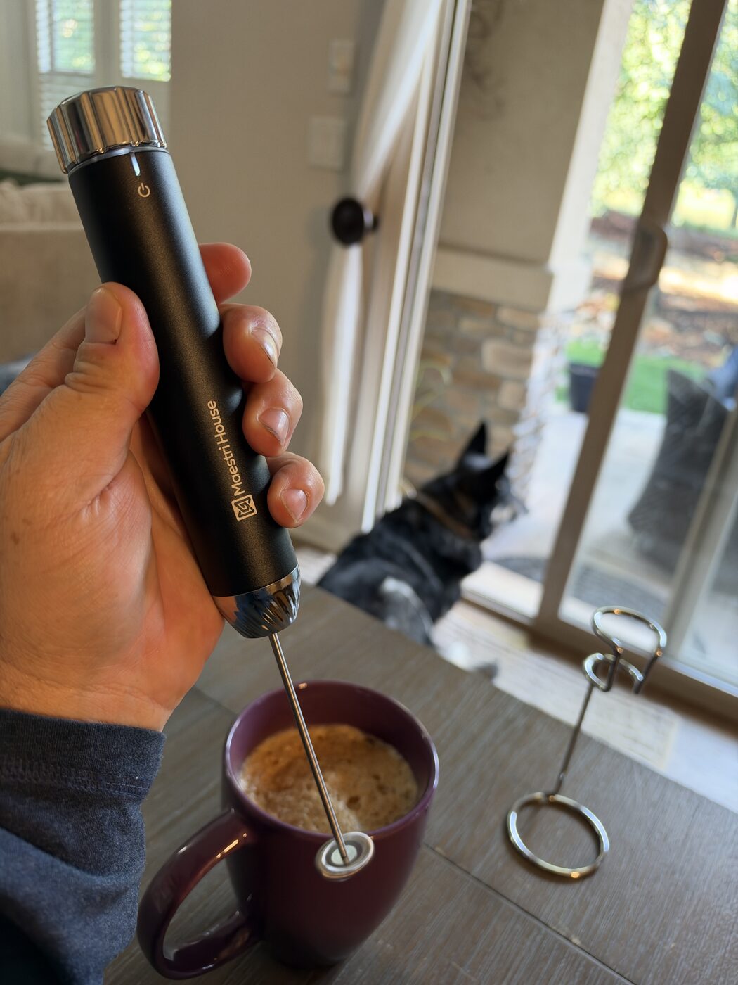 A hand holding the LunaFro Max over a purple mug of foamed coffee, the stand on the table and a dog looking out the patio door behind
